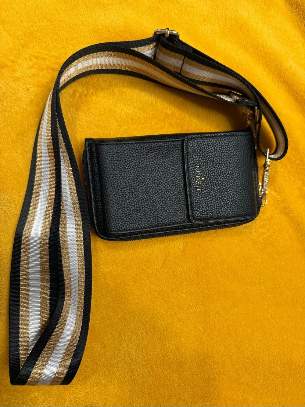 N.D. V.? Black Leather Crossbody Card & Key Holder with Striped Strap